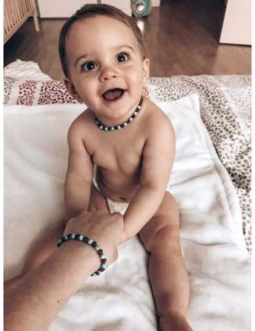 Collier bébé et bracelet maman - Ambre Cognac + turquoise