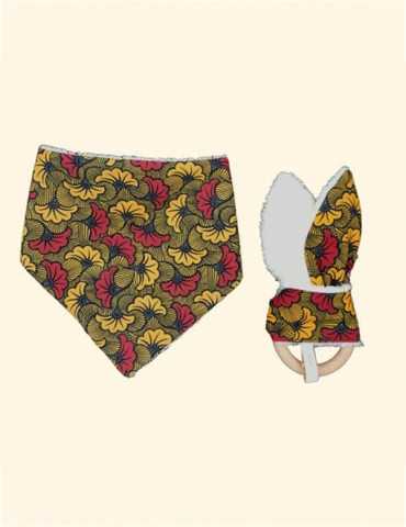 Cadeau de naissance - Bavoir + Hochet - Ayana rouge et jaune